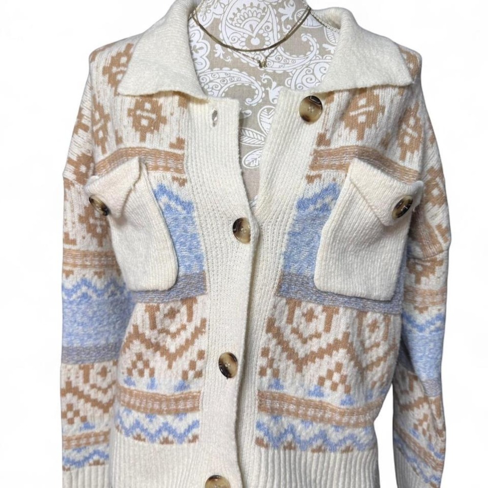 Vintage Inspired Cozy Knit Button Up Cardigan Sweater Boho Cottagecore Y2K Aztec - Picture 4 of 8